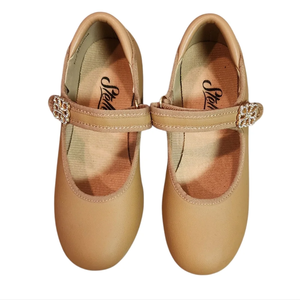 Stelle Tap Dance Shoes Girls 13ML Tan Faux Leather Rhinestones Adjustable Strap